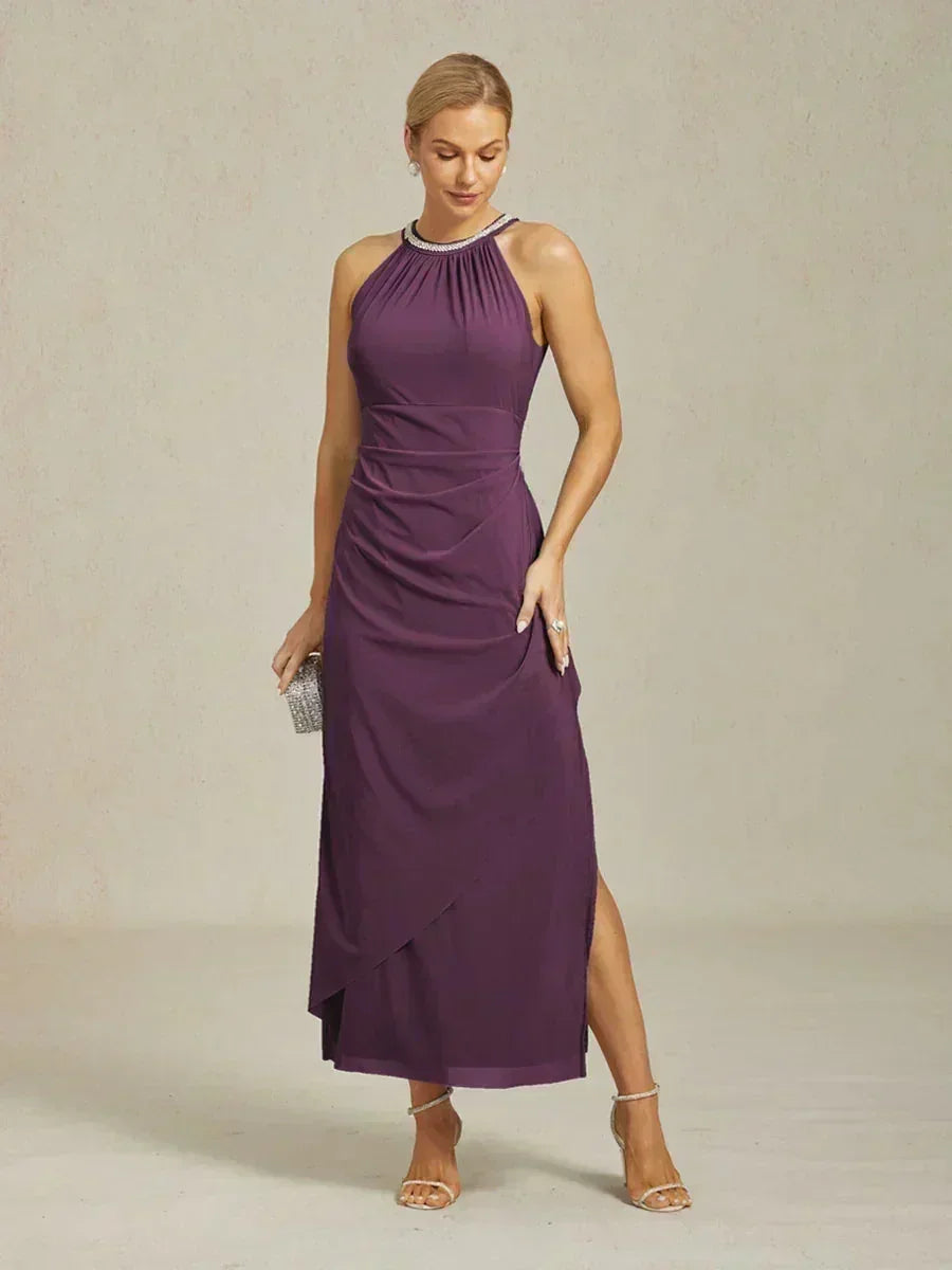 Elegant Beaded Halter Maxi Dress with Ruffle Detail