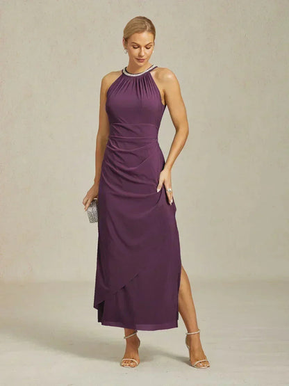 Elegant Beaded Halter Maxi Dress with Ruffle Detail