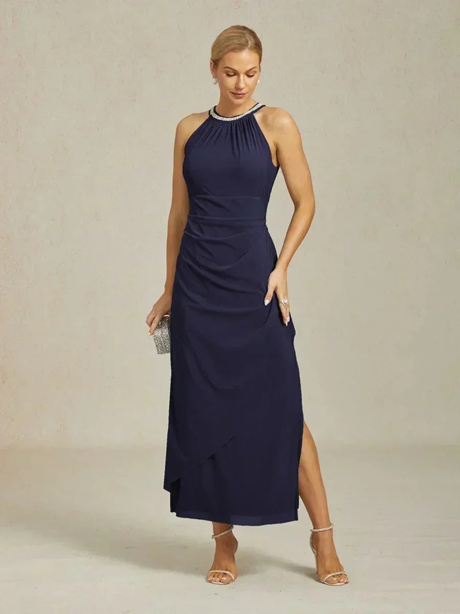 Elegant Beaded Halter Maxi Dress with Ruffle Detail