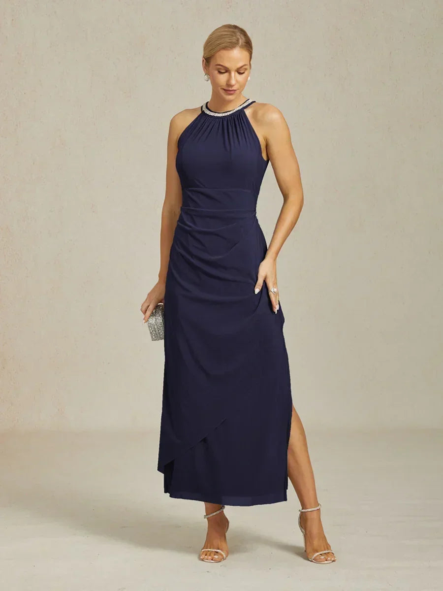 Elegant Beaded Halter Maxi Dress with Ruffle Detail