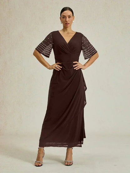 Elegant Formal Dress with Embellished Flutter Sleeves