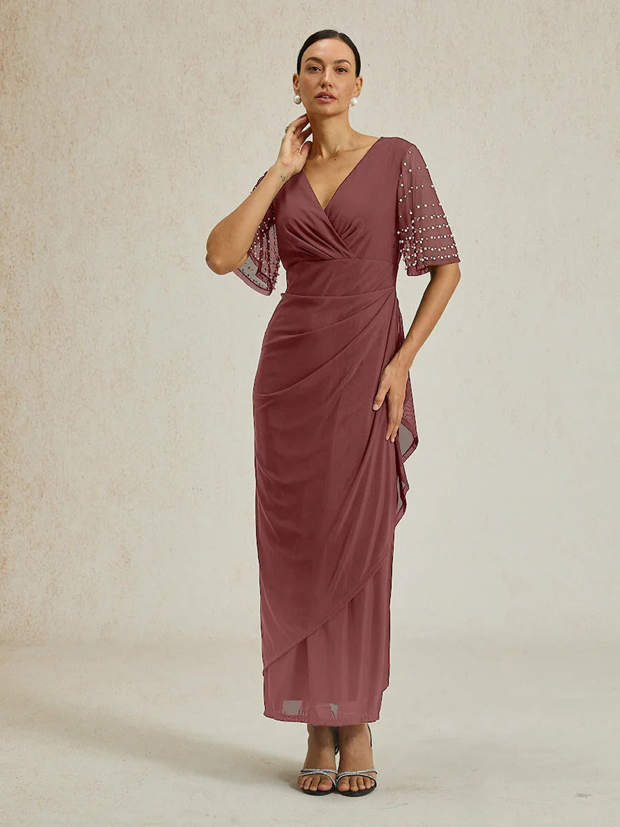 Elegant Formal Dress with Embellished Flutter Sleeves