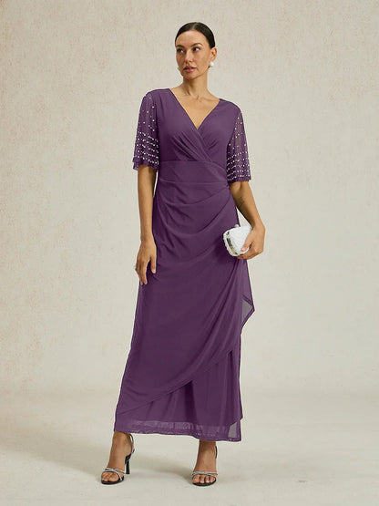 Elegant Formal Dress with Embellished Flutter Sleeves