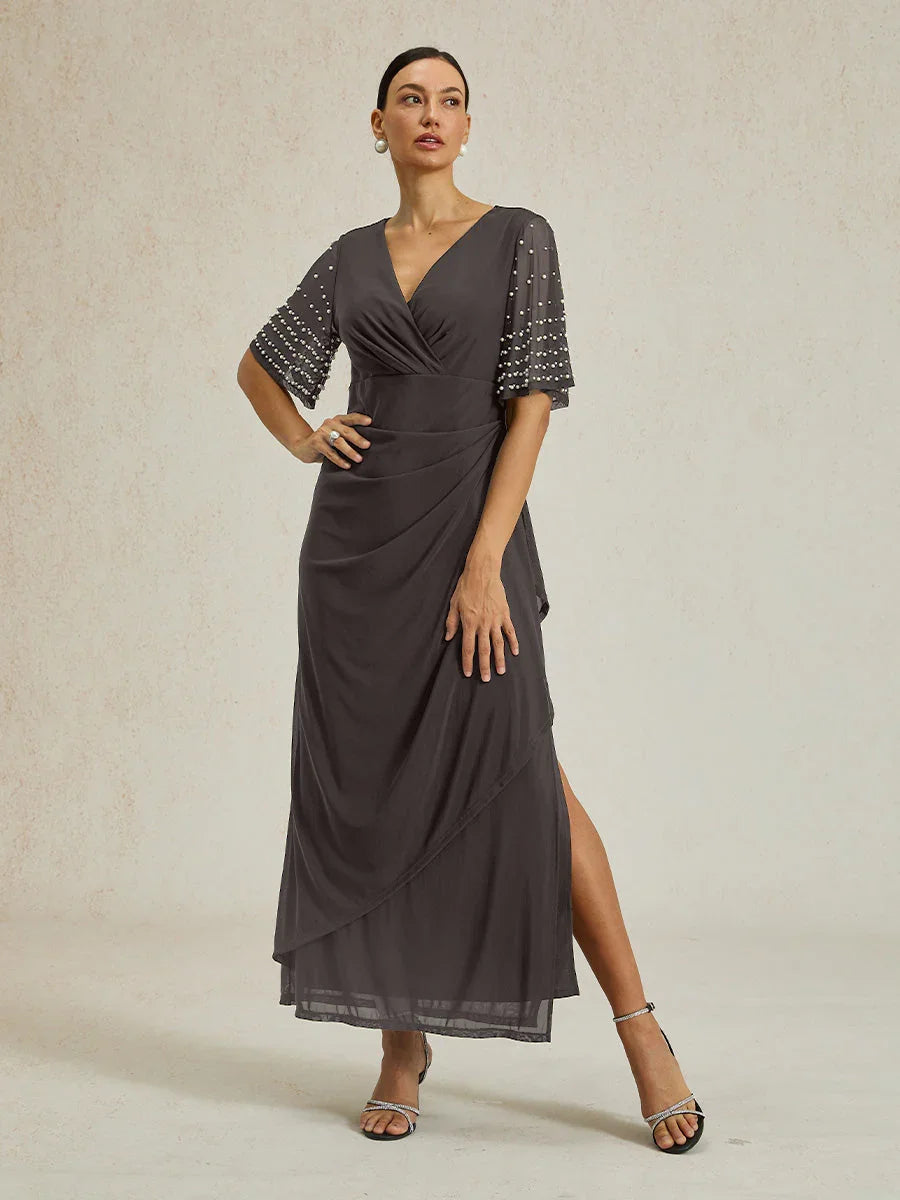 Elegant Formal Dress with Embellished Flutter Sleeves
