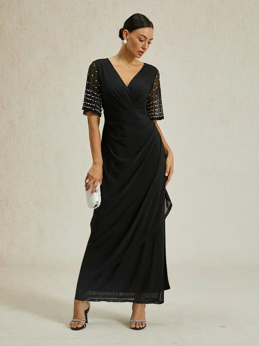 Elegant Formal Dress with Embellished Flutter Sleeves