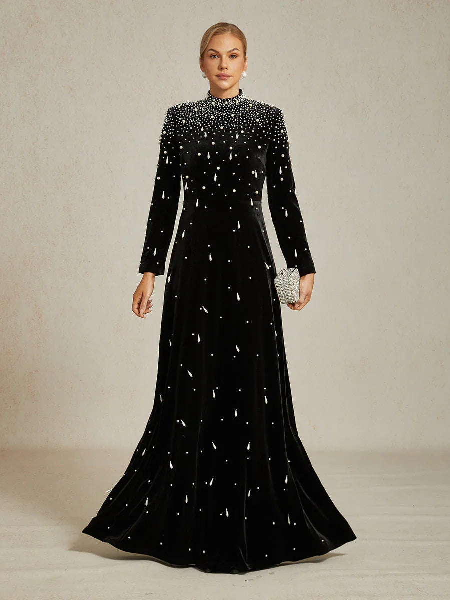 Embellished Velvet Evening Gown with Mock Neck
