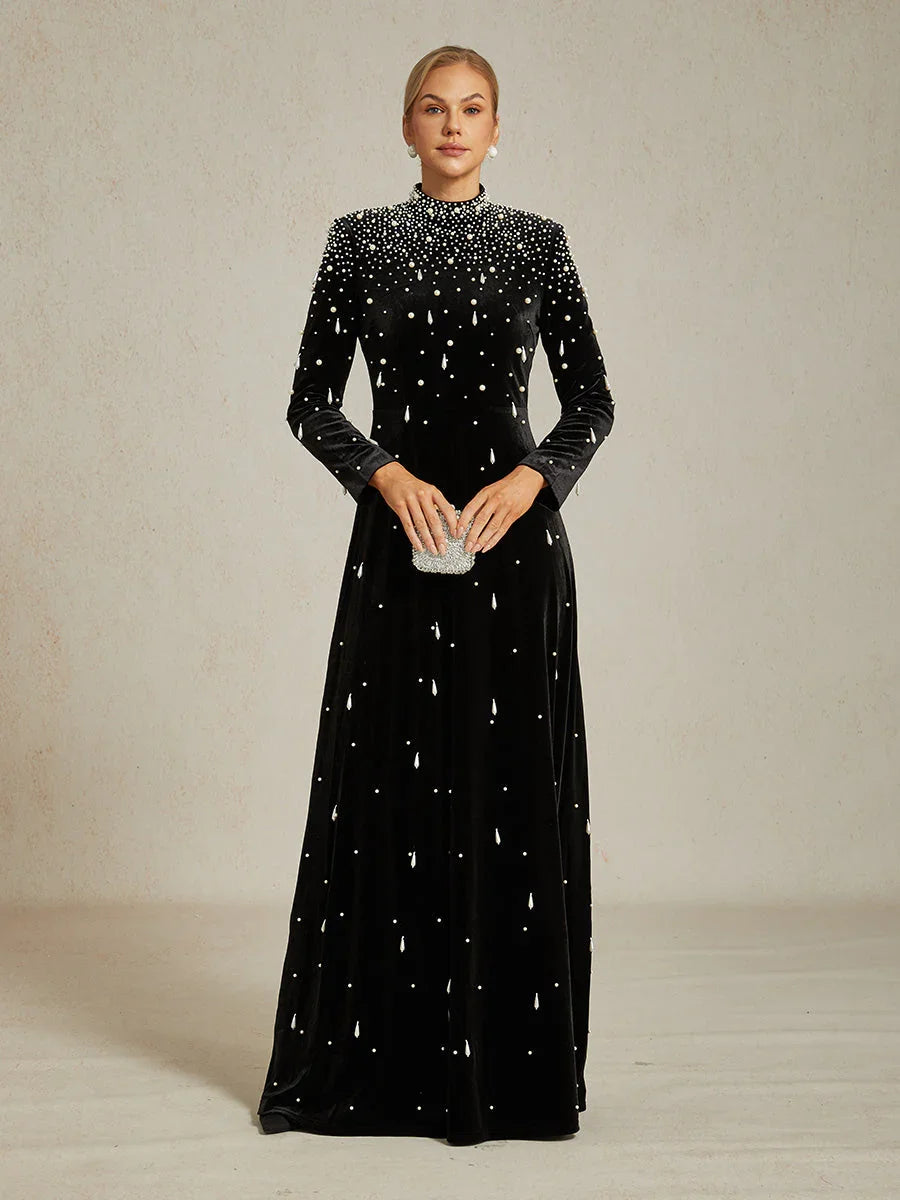 Embellished Velvet Evening Gown with Mock Neck