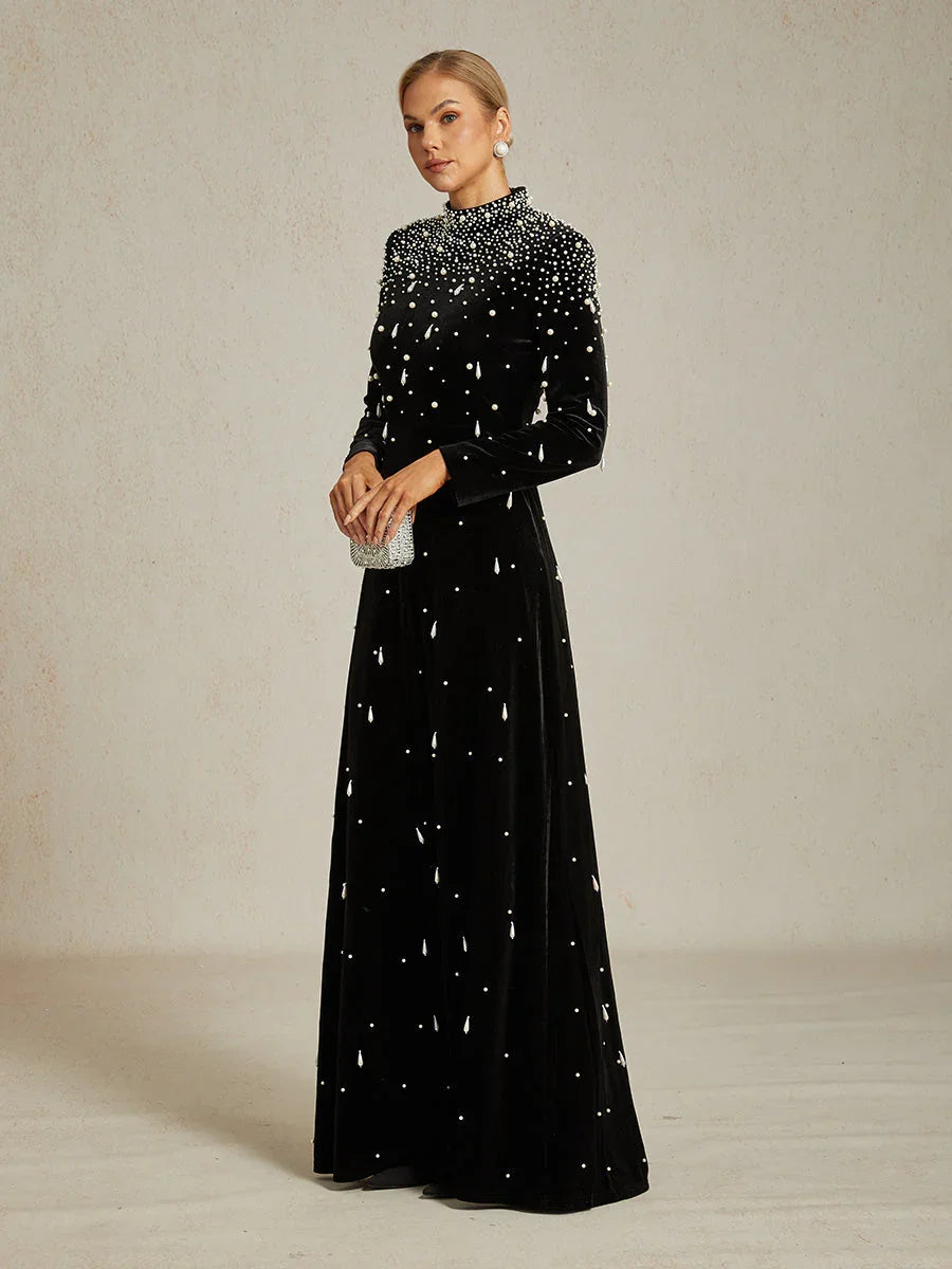 Embellished Velvet Evening Gown with Mock Neck
