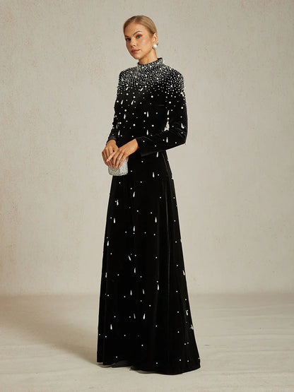 Embellished Velvet Evening Gown with Mock Neck