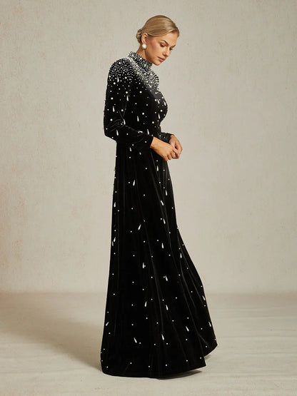 Embellished Velvet Evening Gown with Mock Neck