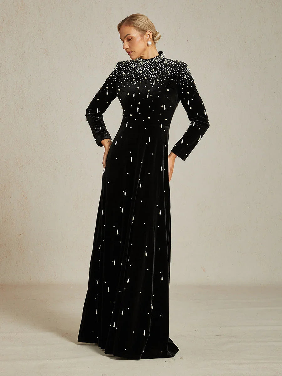 Embellished Velvet Evening Gown with Mock Neck