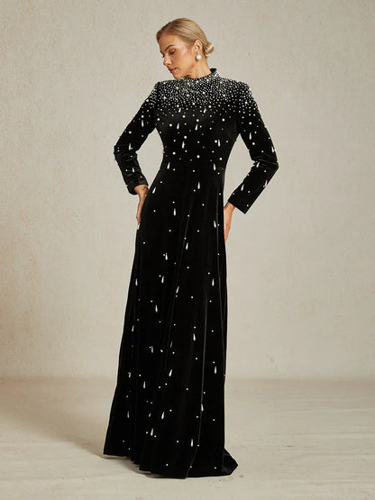 Embellished Velvet Evening Gown with Mock Neck