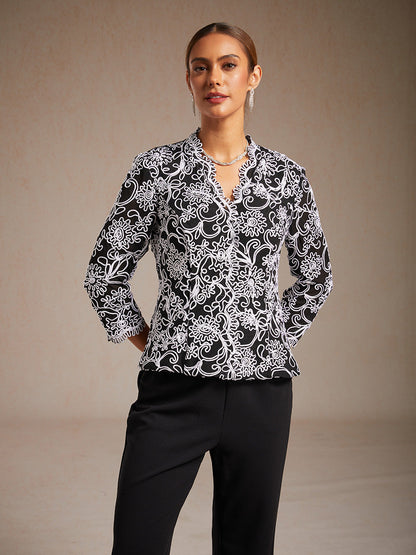 Floral Embroidered V-Neck Blouse