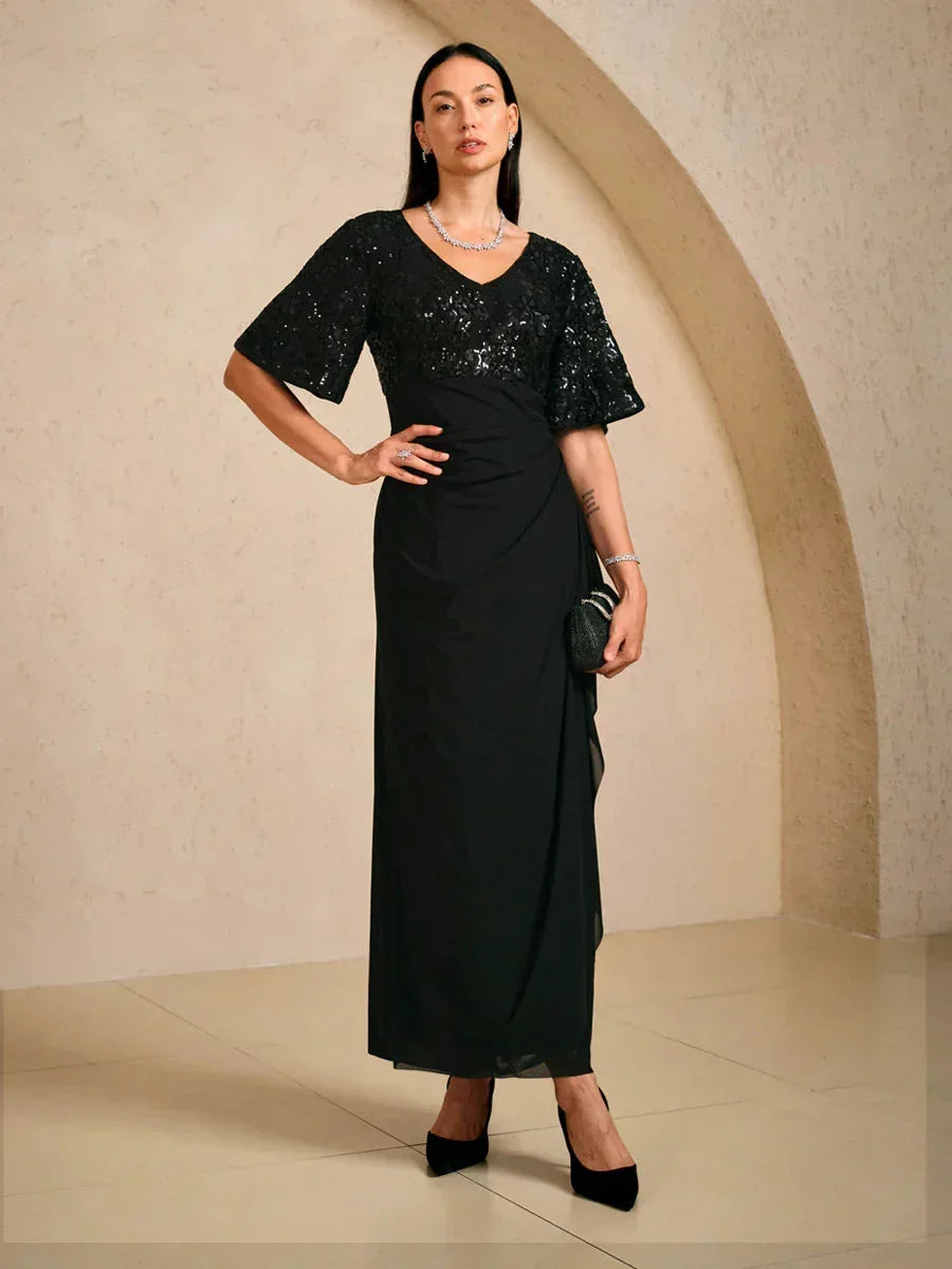 Embroidered Sequin Empire Waist Gown with Flutter Sleeves