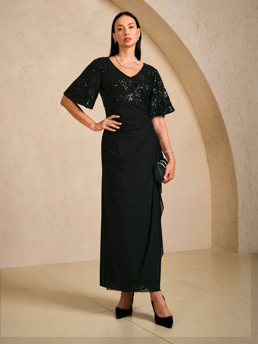 Embroidered Sequin Empire Waist Gown with Flutter Sleeves