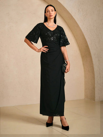Embroidered Sequin Empire Waist Gown with Flutter Sleeves