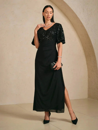 Embroidered Sequin Empire Waist Gown with Flutter Sleeves