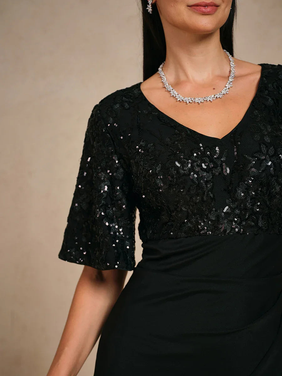 Embroidered Sequin Empire Waist Gown with Flutter Sleeves