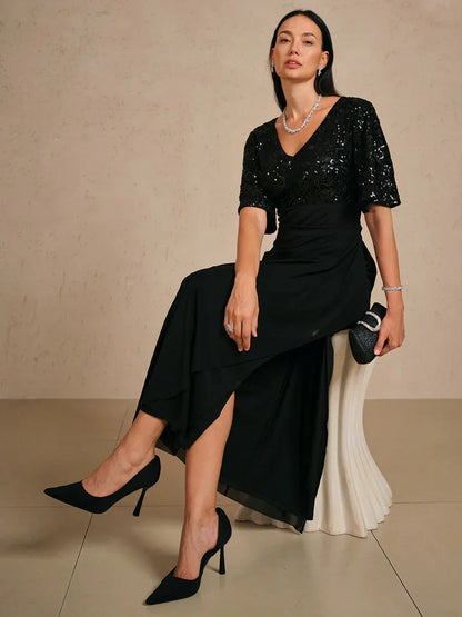 Embroidered Sequin Empire Waist Gown with Flutter Sleeves