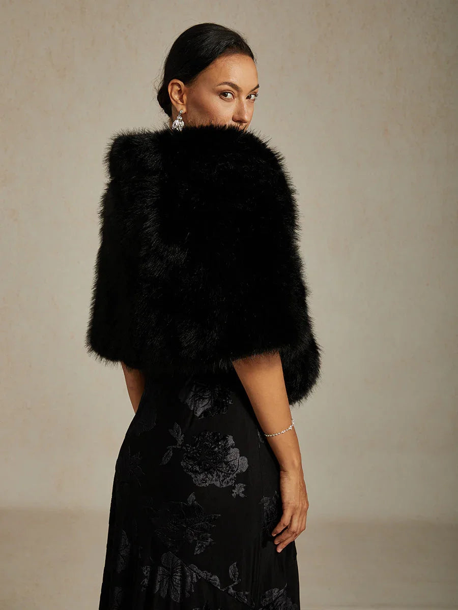 Faux Fur Capelet with Rhinestone Brooch