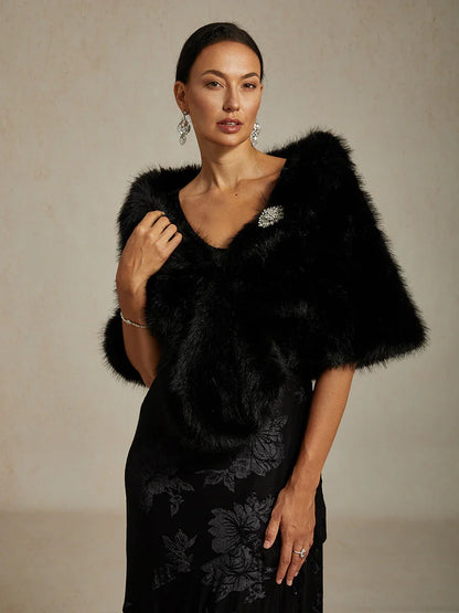 Faux Fur Capelet with Rhinestone Brooch