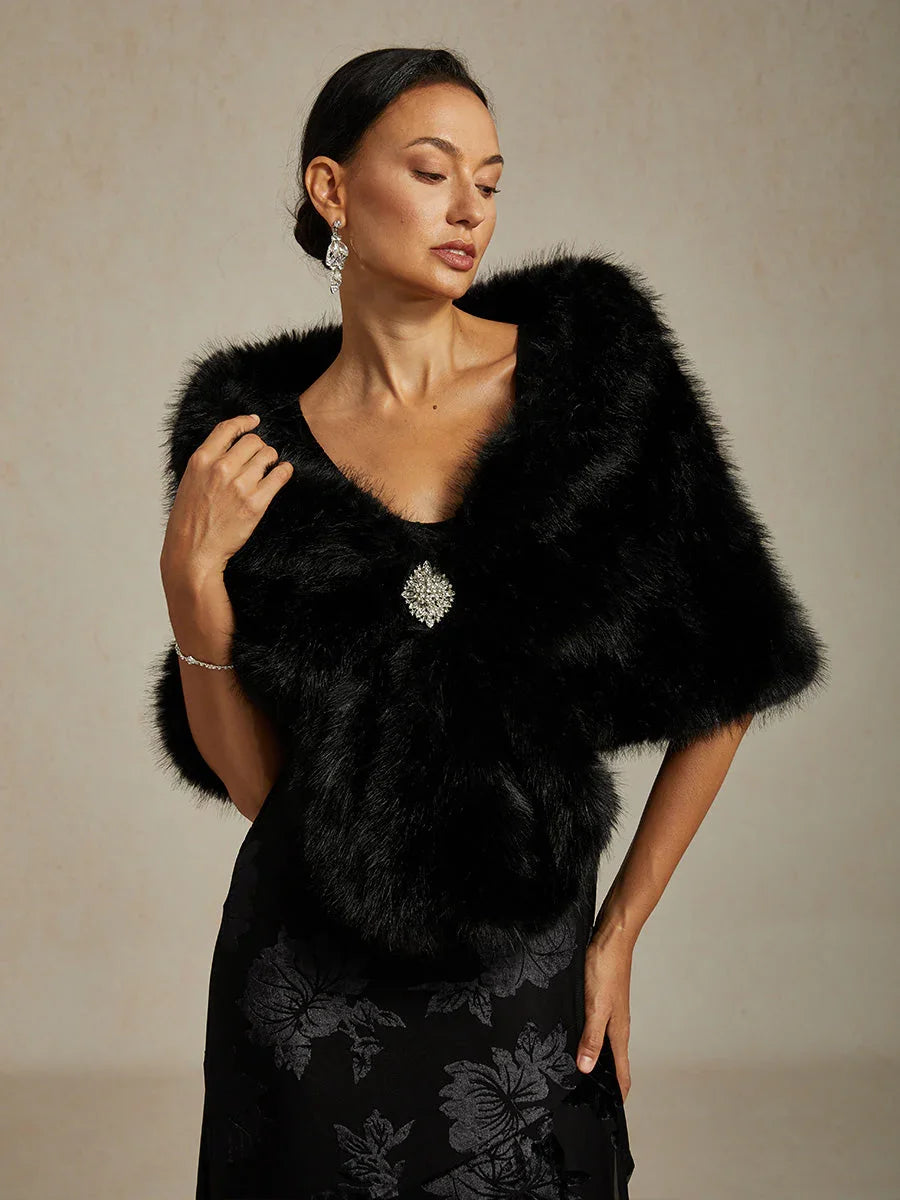 Faux Fur Capelet with Rhinestone Brooch
