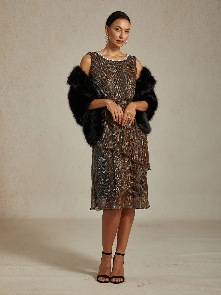Faux Fur Capelet with Rhinestone Brooch