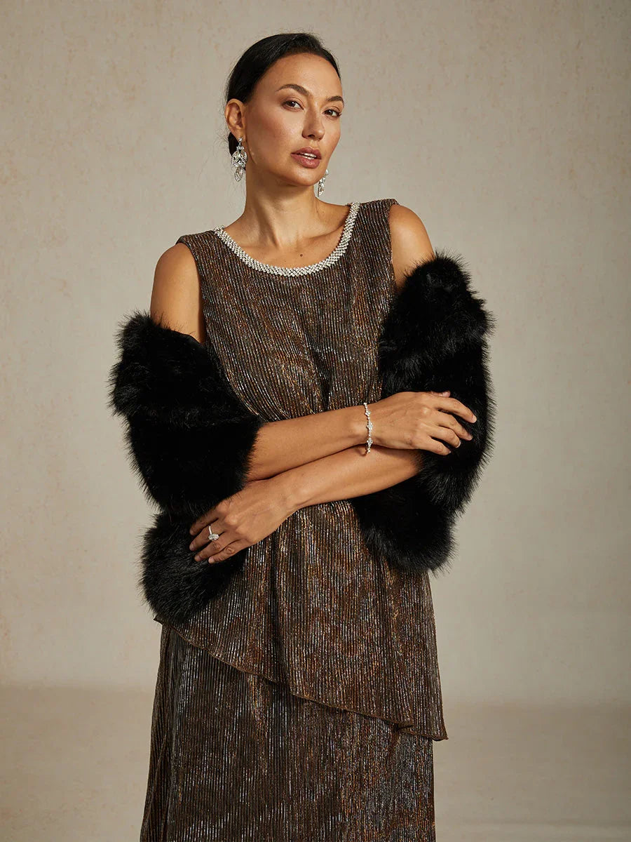 Faux Fur Capelet with Rhinestone Brooch