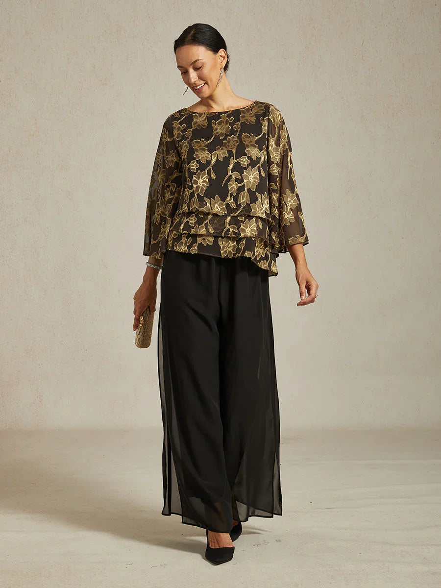 Floral Chiffon Boat Neck Blouse with A-Line Sleeves