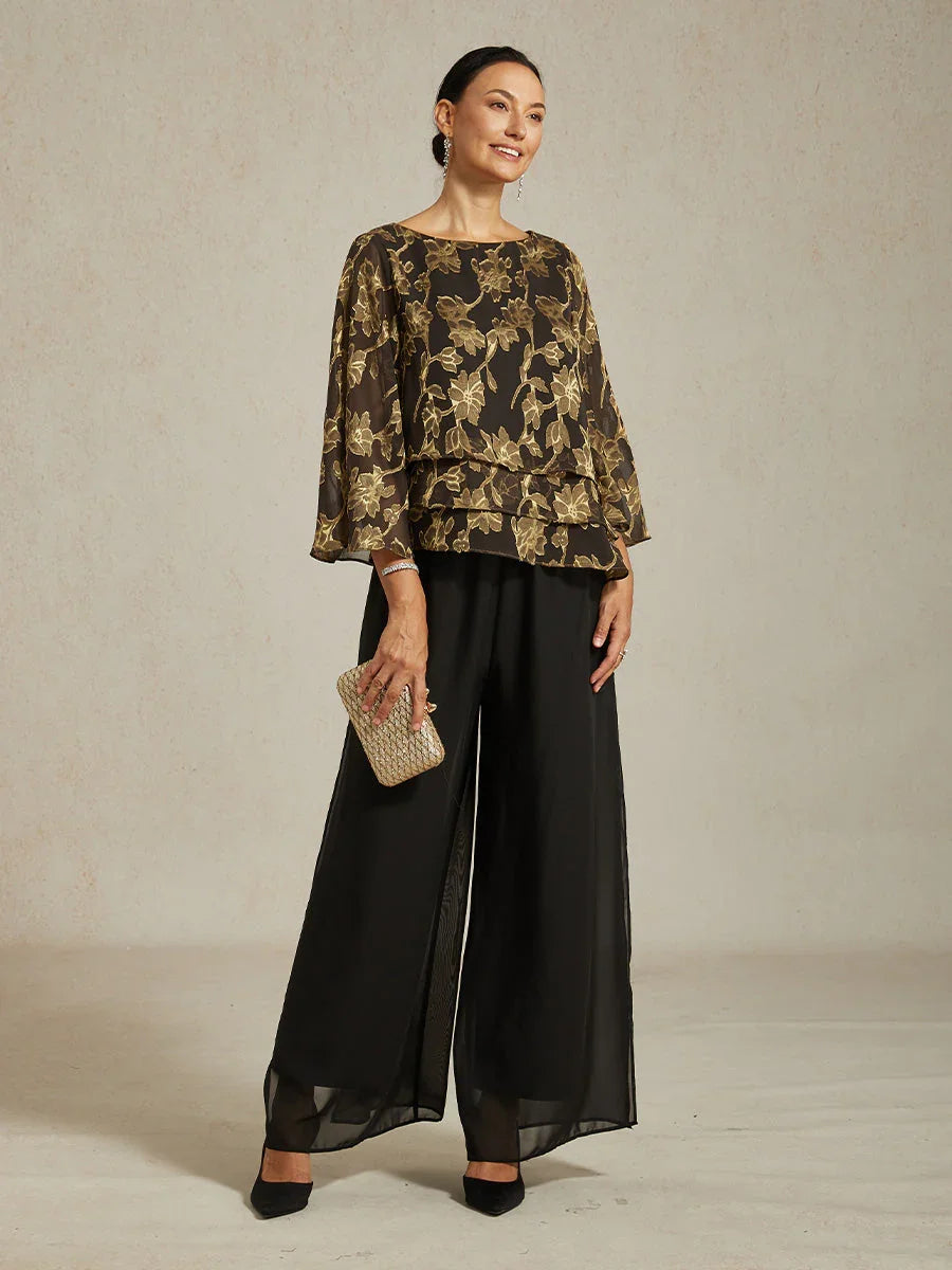 Floral Chiffon Boat Neck Blouse with A-Line Sleeves