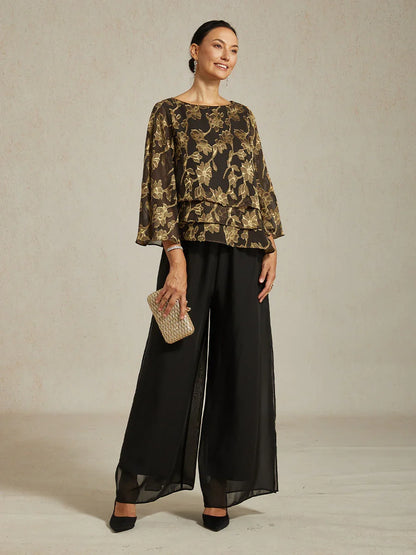Floral Chiffon Boat Neck Blouse with A-Line Sleeves