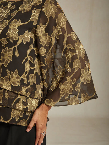 Floral Chiffon Boat Neck Blouse with A-Line Sleeves