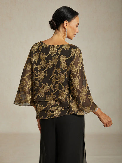Floral Chiffon Boat Neck Blouse with A-Line Sleeves