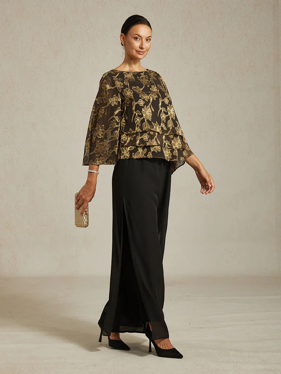 Floral Chiffon Boat Neck Blouse with A-Line Sleeves