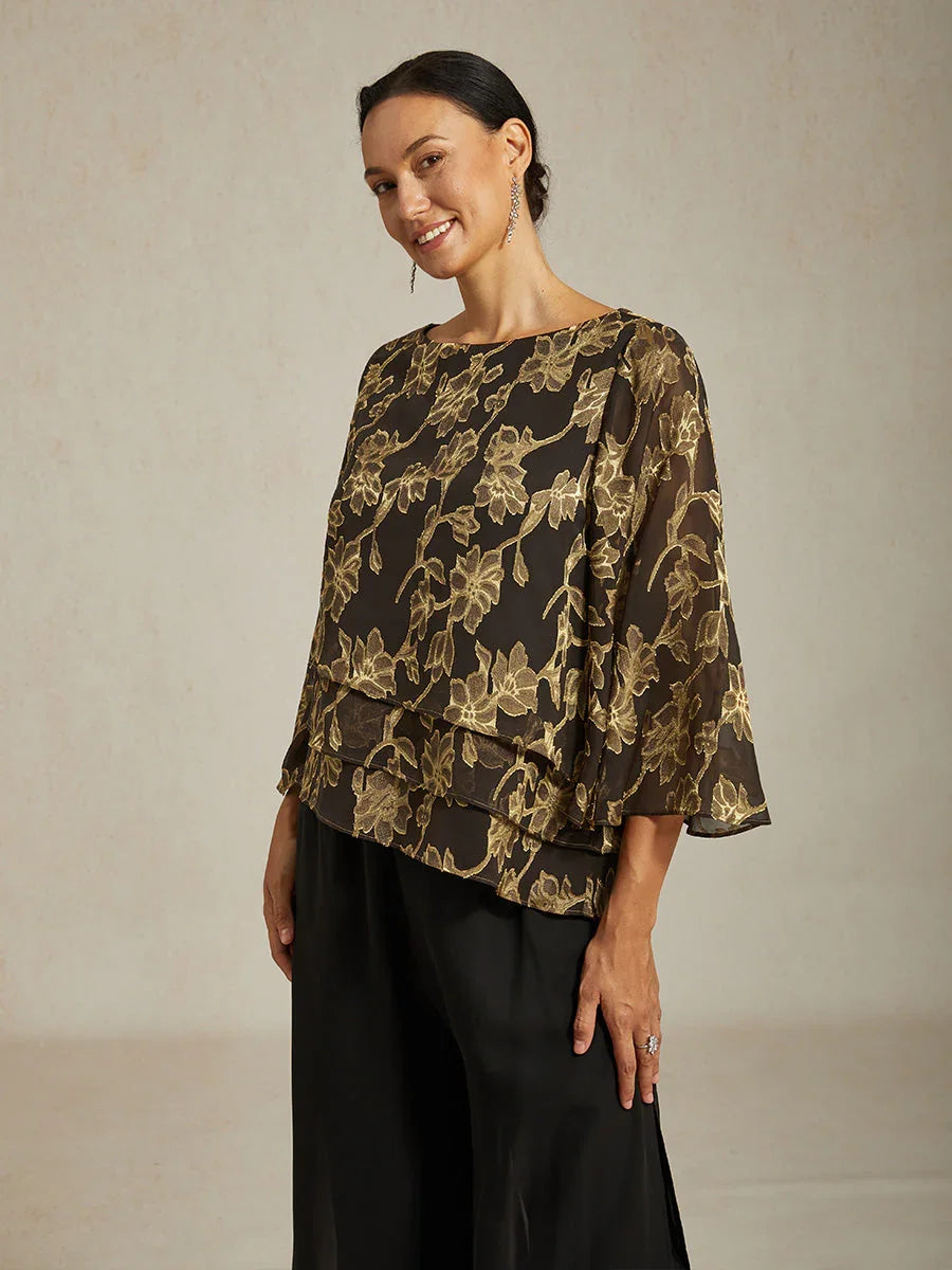 Floral Chiffon Boat Neck Blouse with A-Line Sleeves