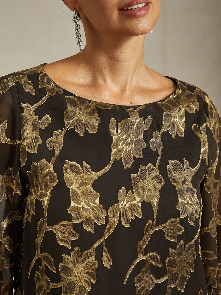 Floral Chiffon Boat Neck Blouse with A-Line Sleeves