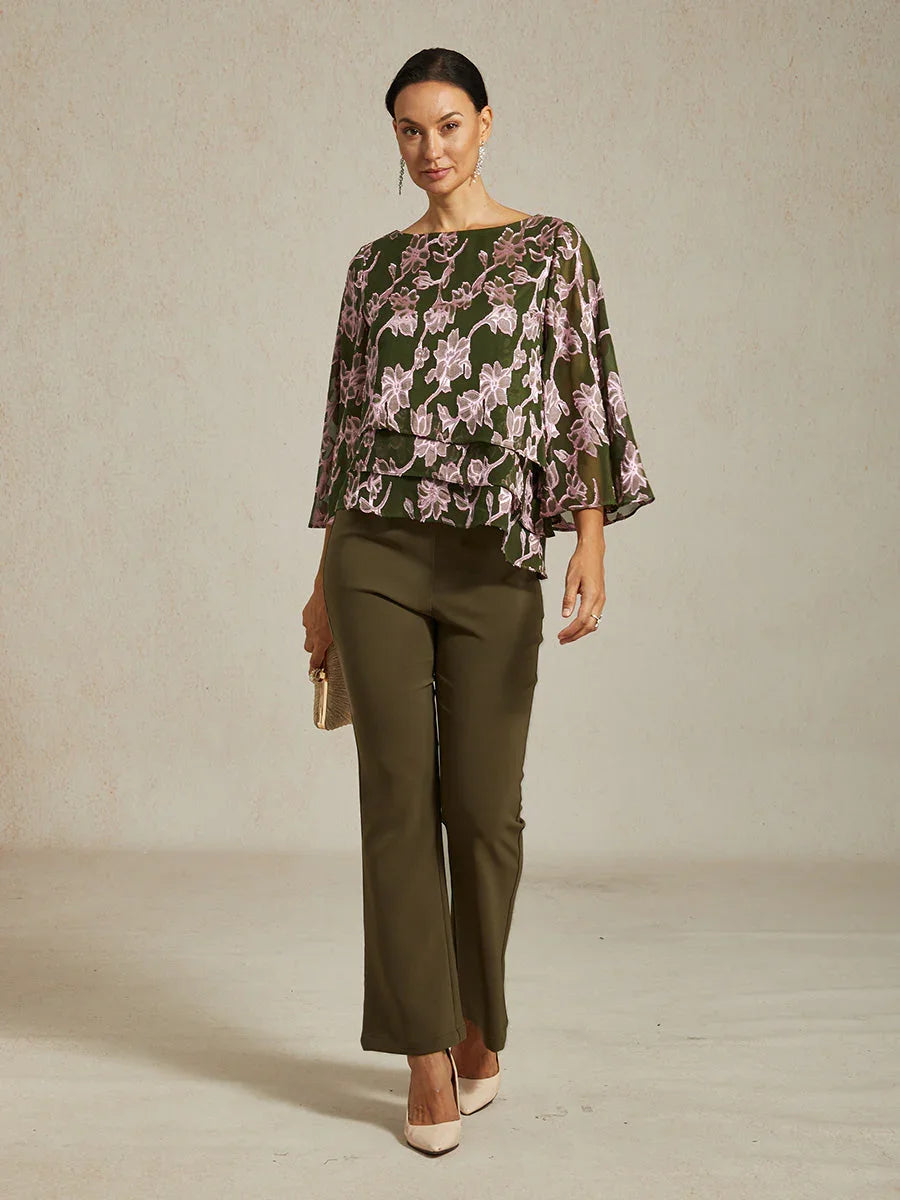 Floral Chiffon Boat Neck Blouse with A-Line Sleeves