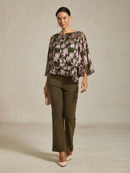 Floral Chiffon Boat Neck Blouse with A-Line Sleeves