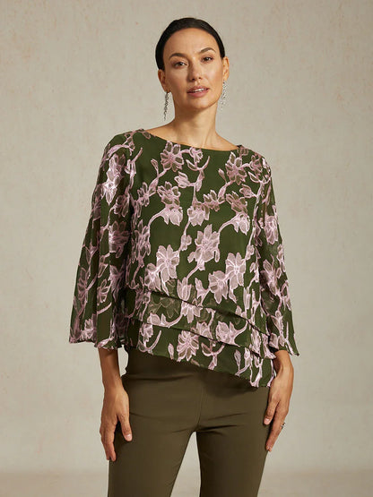 Floral Chiffon Boat Neck Blouse with A-Line Sleeves