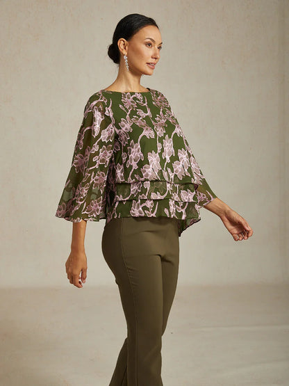 Floral Chiffon Boat Neck Blouse with A-Line Sleeves