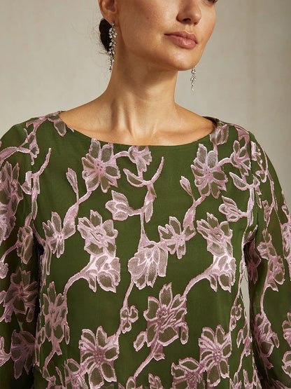 Floral Chiffon Boat Neck Blouse with A-Line Sleeves