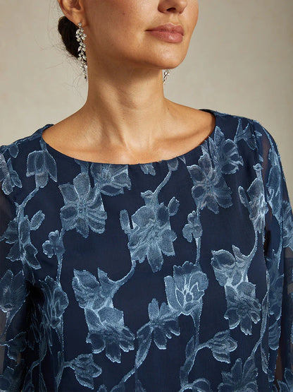 Floral Chiffon Boat Neck Blouse with A-Line Sleeves