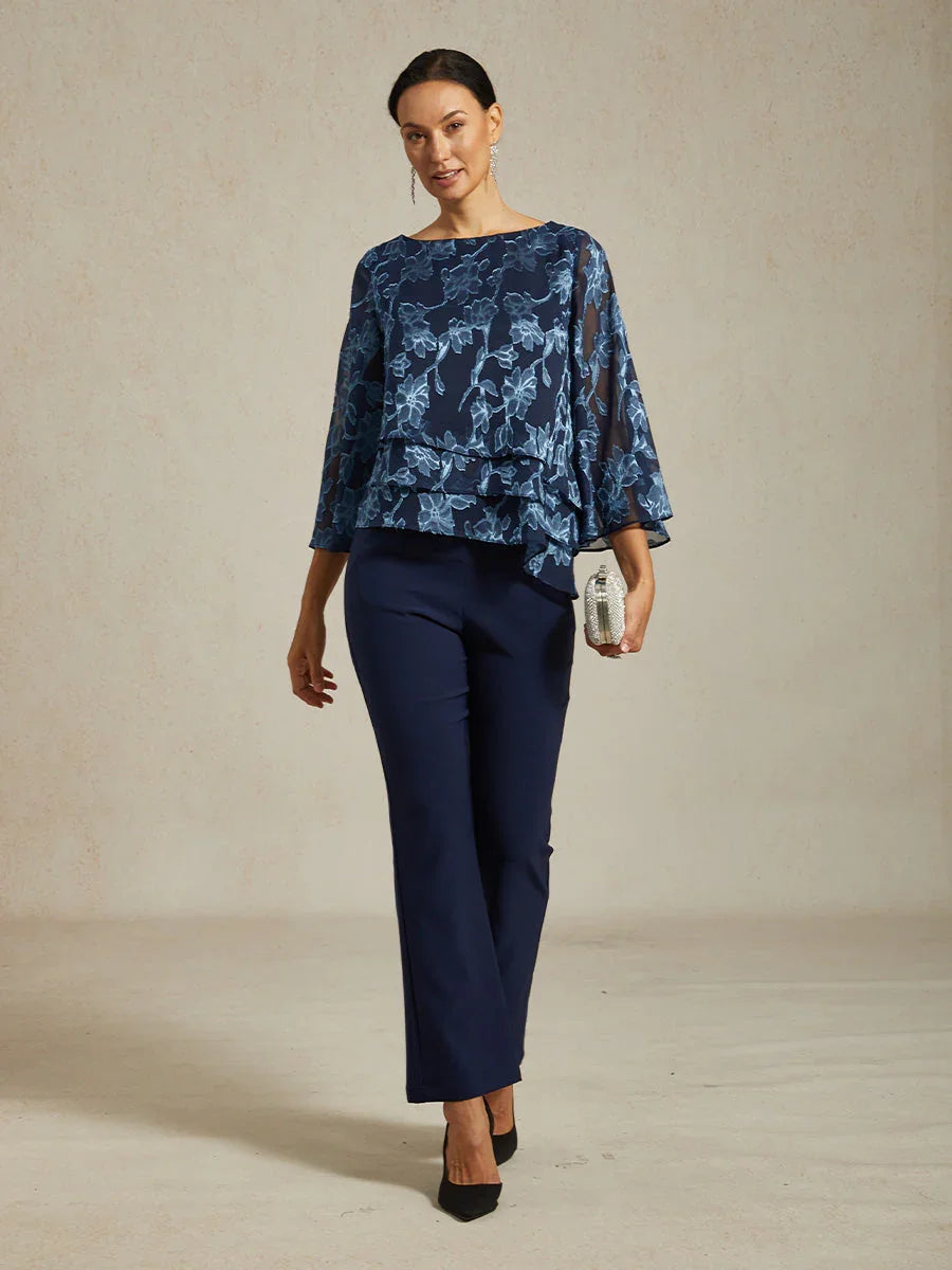 Floral Chiffon Boat Neck Blouse with A-Line Sleeves