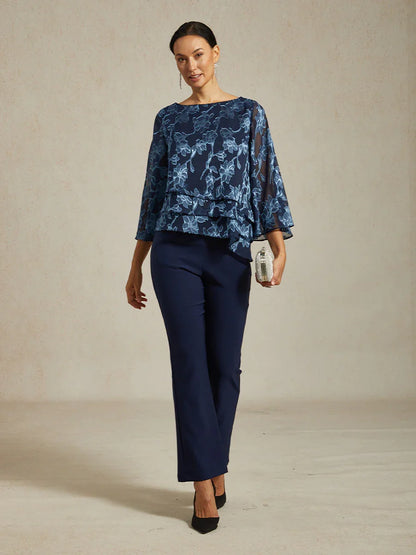 Floral Chiffon Boat Neck Blouse with A-Line Sleeves