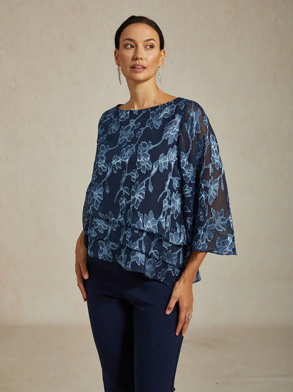 Floral Chiffon Boat Neck Blouse with A-Line Sleeves