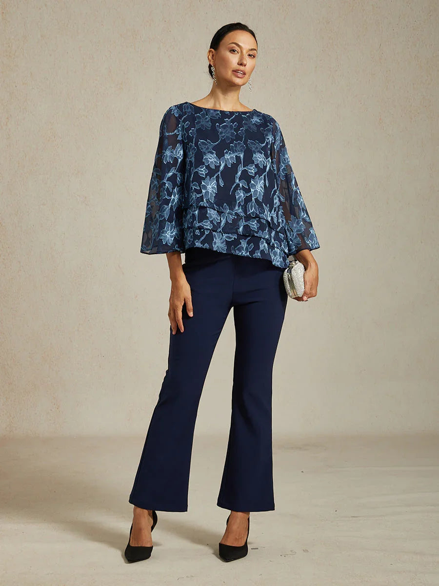 Floral Chiffon Boat Neck Blouse with A-Line Sleeves