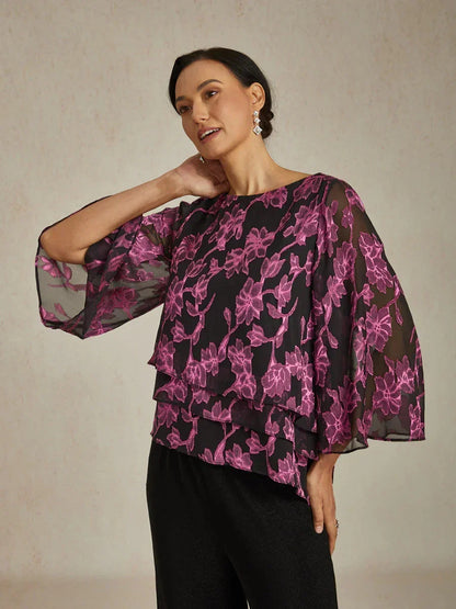 Floral Chiffon Boat Neck Blouse with A-Line Sleeves