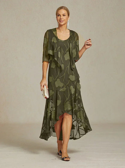 Floral Chiffon Evening Gown with Asymmetrical Hem