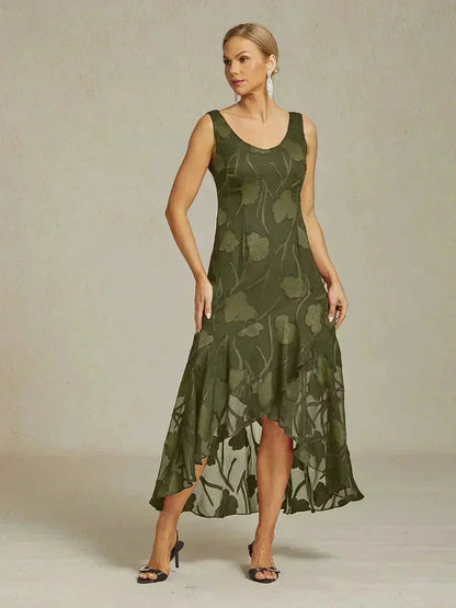 Abendkleid aus Chiffon mit Blumenmuster und asymmetrischem Saum