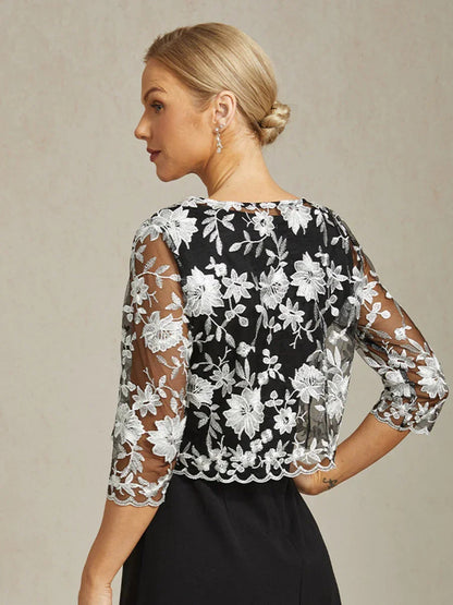 Floral Embroidered Lace Jacket With Scallop Detail